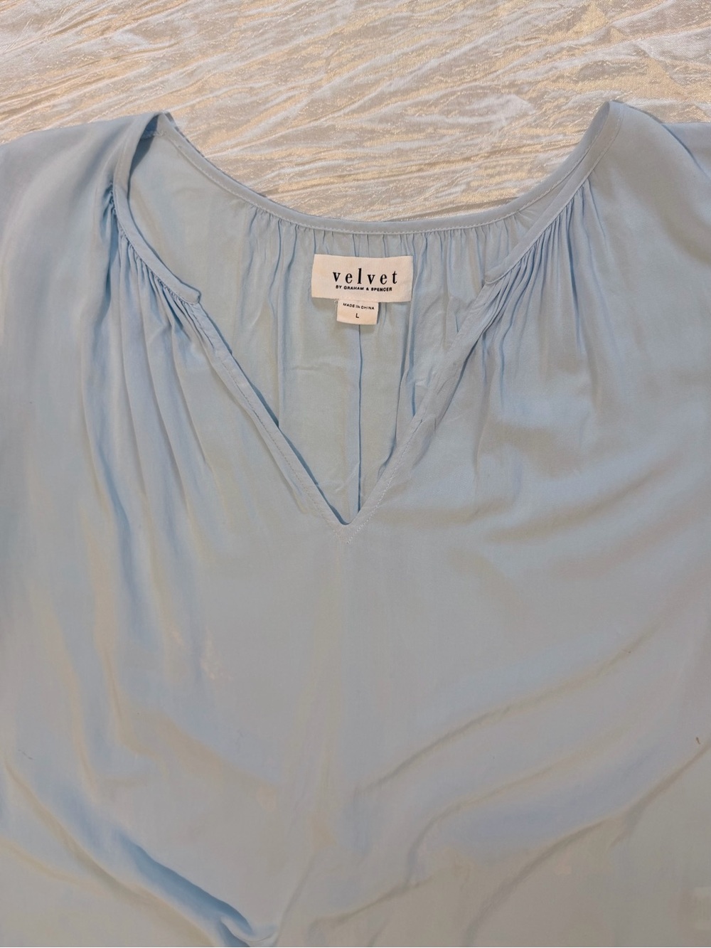 Velvet by Graham & Spencer Powder Blue V-Neck Gathered Blouse